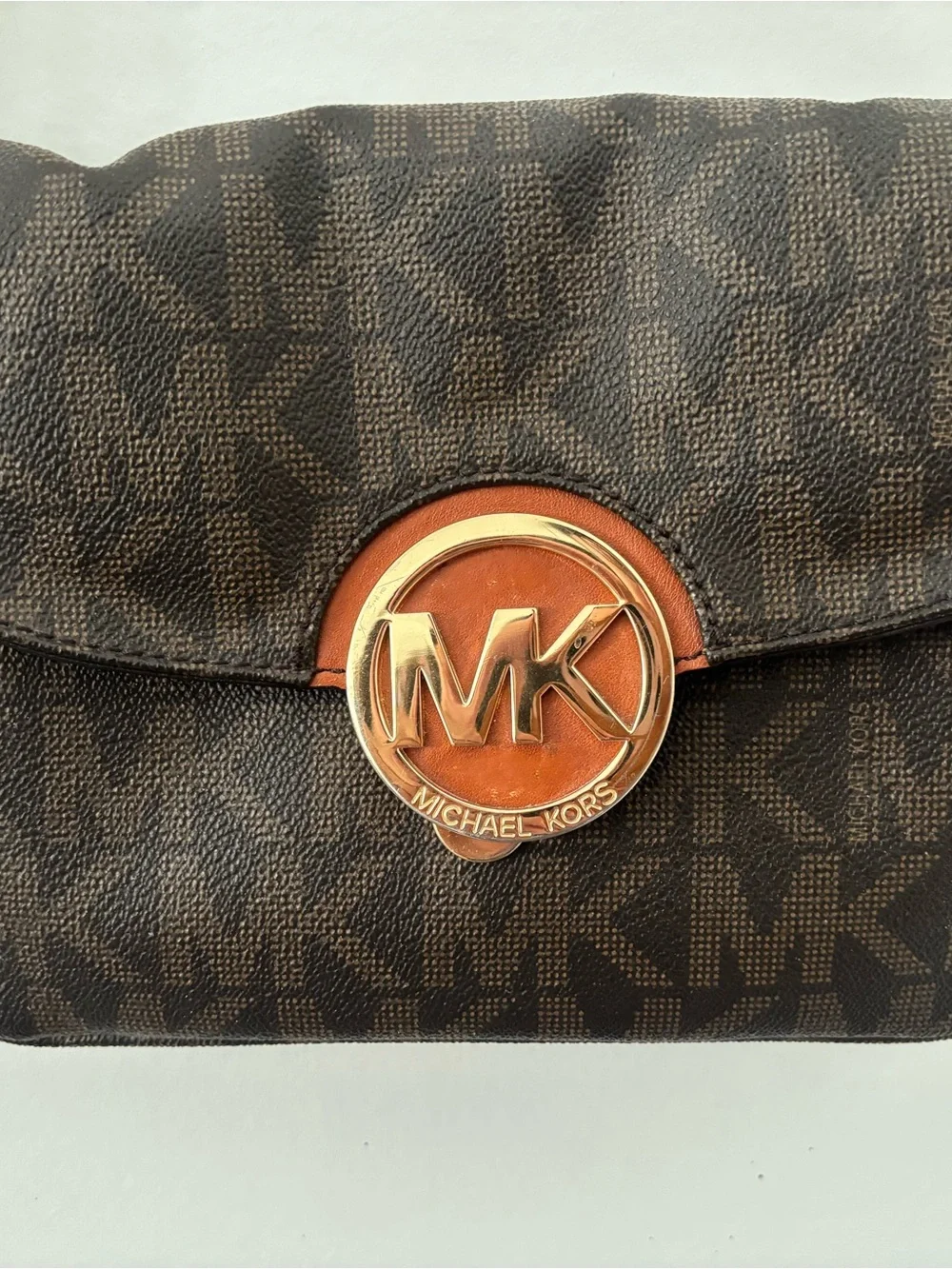 Michael Kors Brown Logo MK Medallion Crossbody with Gold Chain